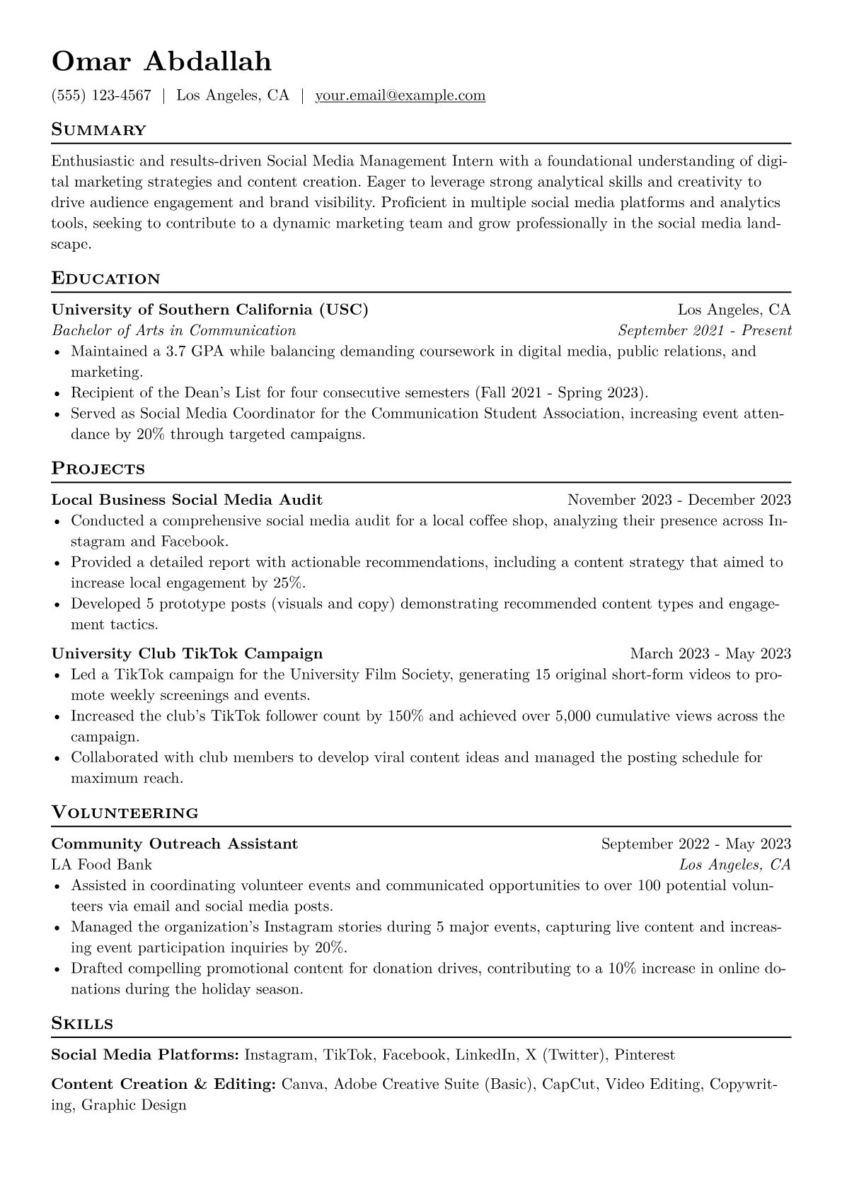 Social Media Management Intern Resume Example CV template - Page 1