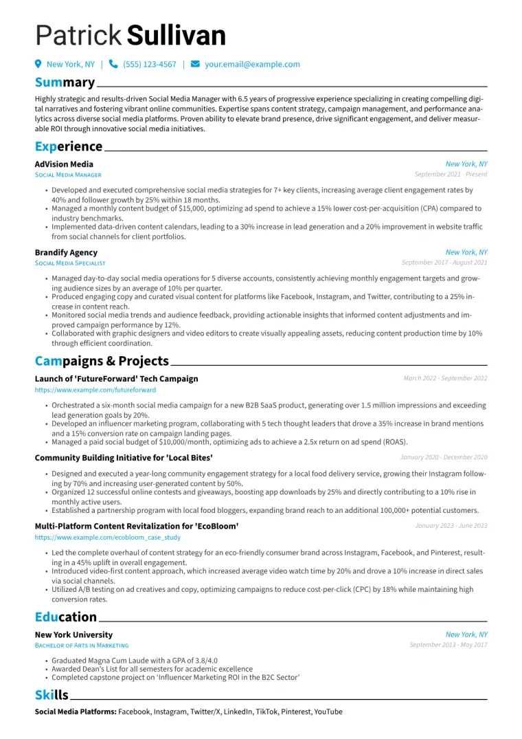 Social Media Manager Resume Example CV template preview