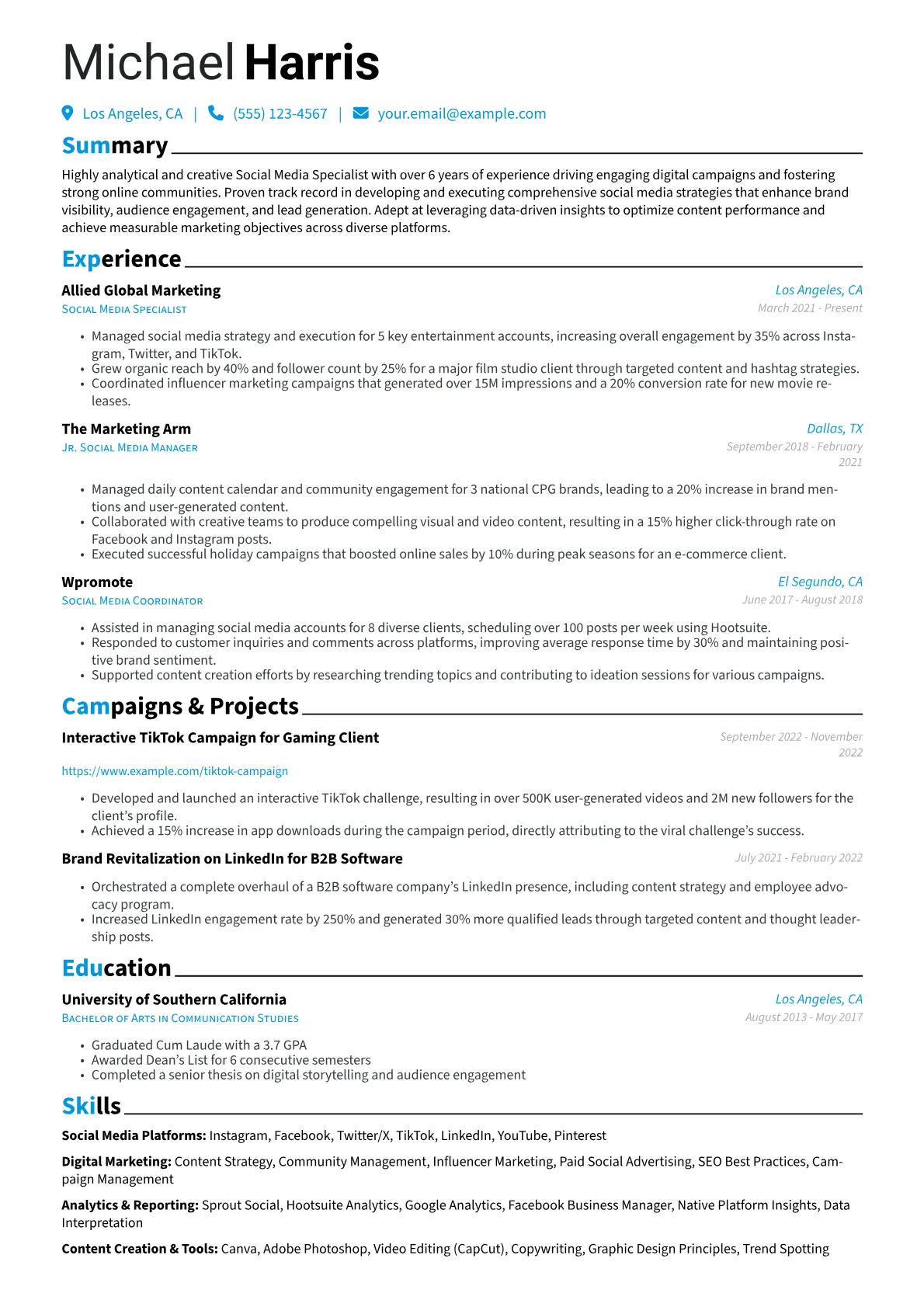 Social Media Specialist Resume Example CV template - Page 1