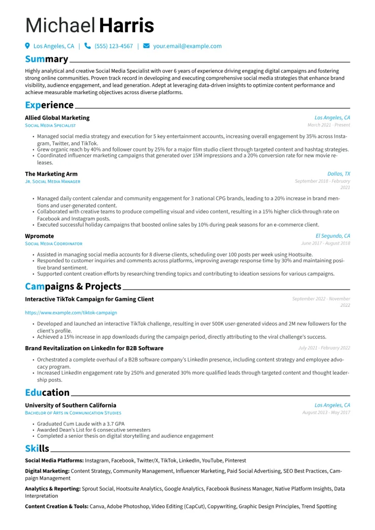 Social Media Specialist Resume Example CV template preview