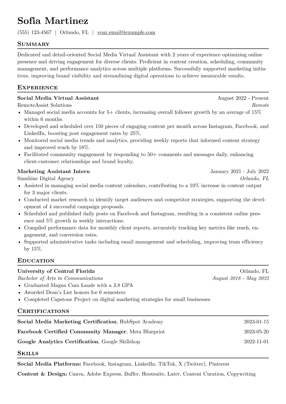 Social Media Virtual Assistant Resume Example CV template - Page 1