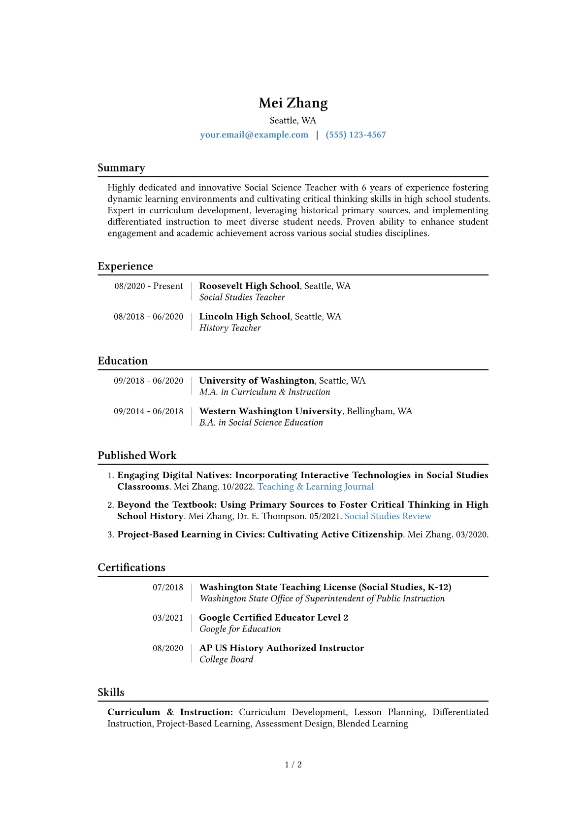 Social Science Teacher Resume Example CV template - Page 1