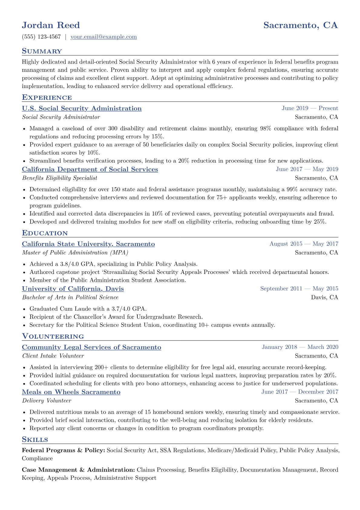 Social Security Administrator Resume Example CV template - Page 1