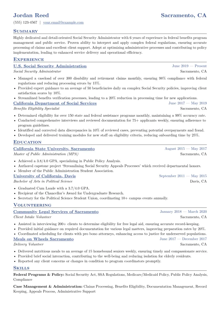 Social Security Administrator Resume Example CV template preview