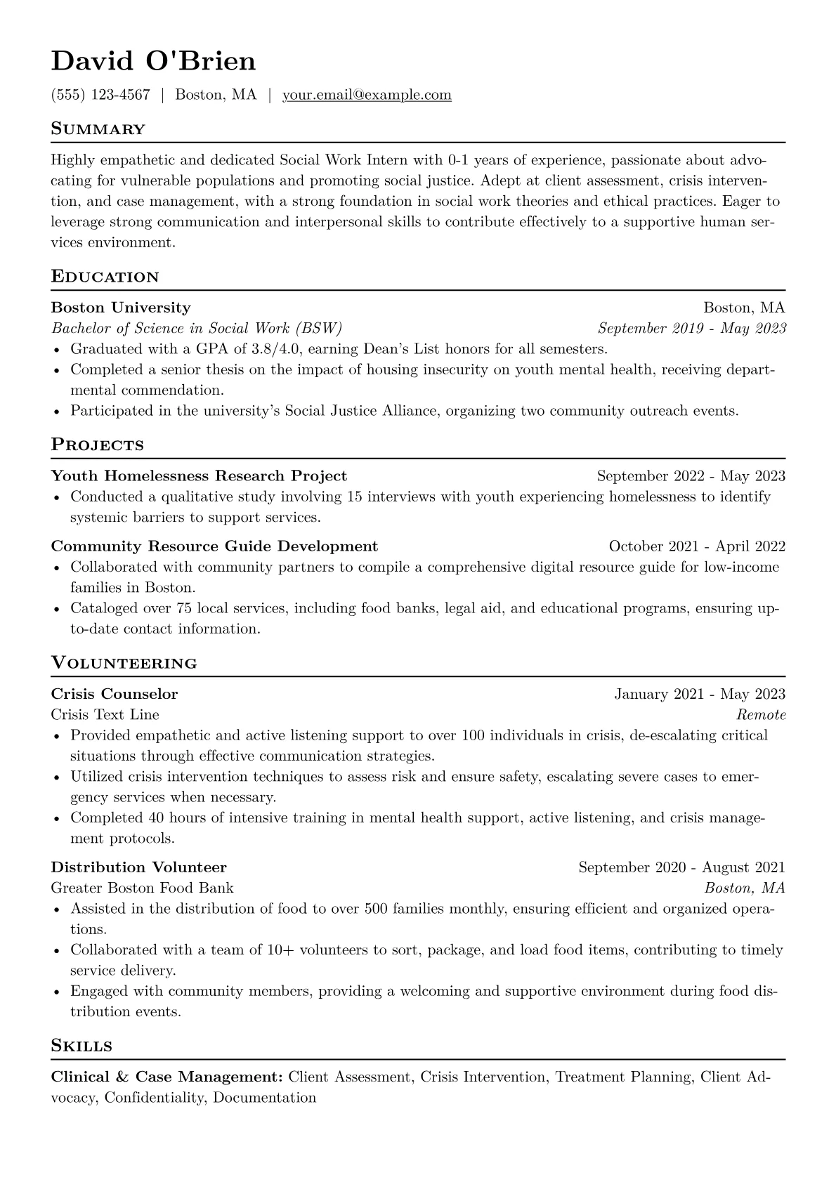 Social Work Intern Resume Example CV template - Page 1