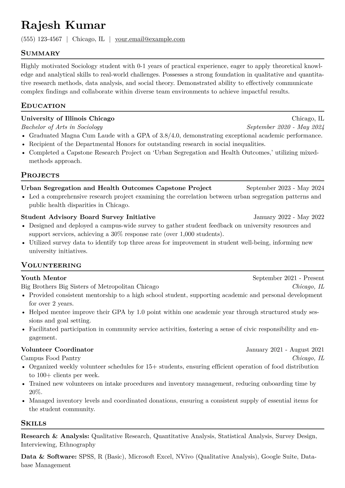 Sociology Student Resume Example CV template - Page 1