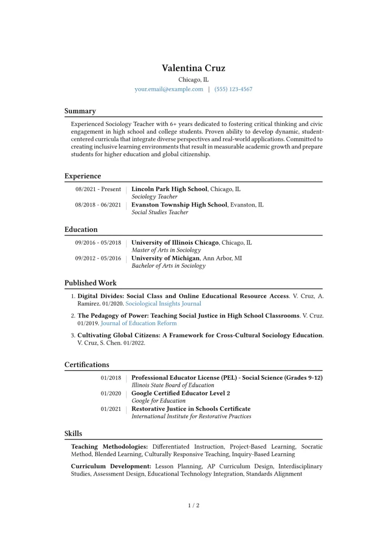 Sociology Teacher Resume Example CV template preview