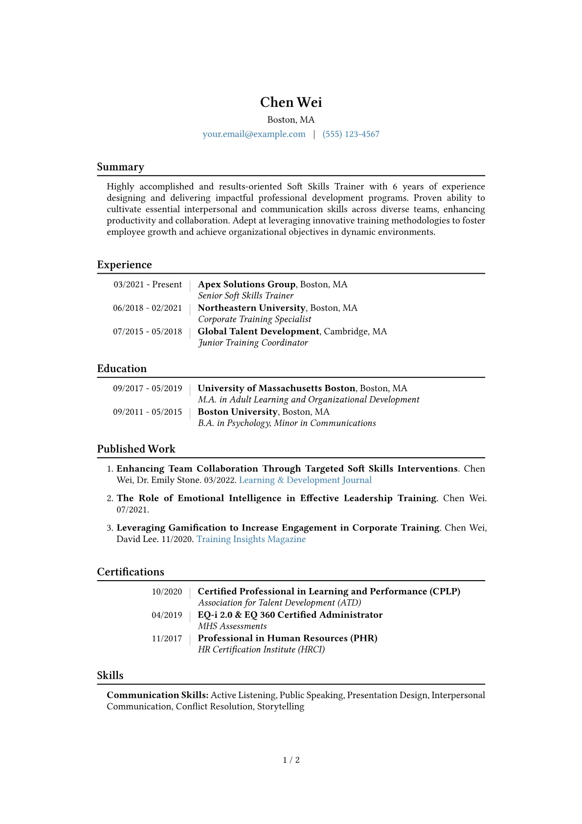 Soft Skills Trainer Resume Example CV template - Page 1