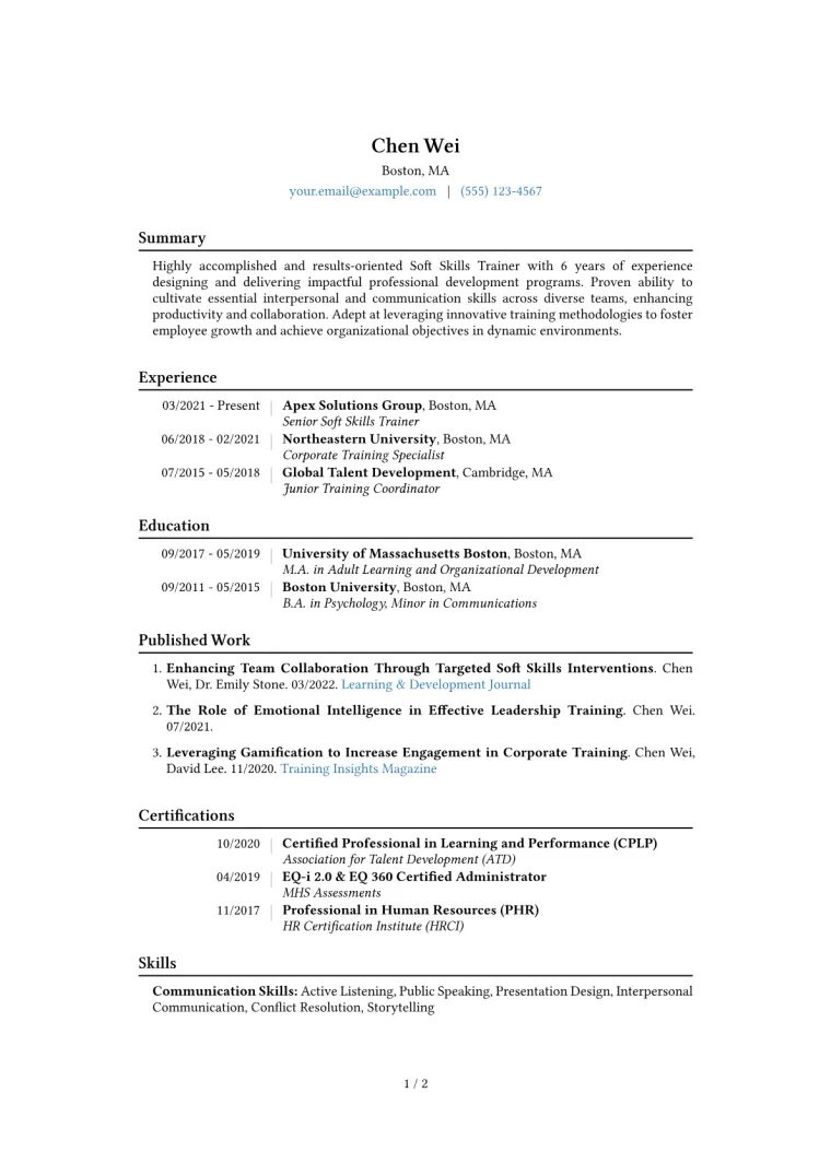 Soft Skills Trainer Resume Example CV template preview