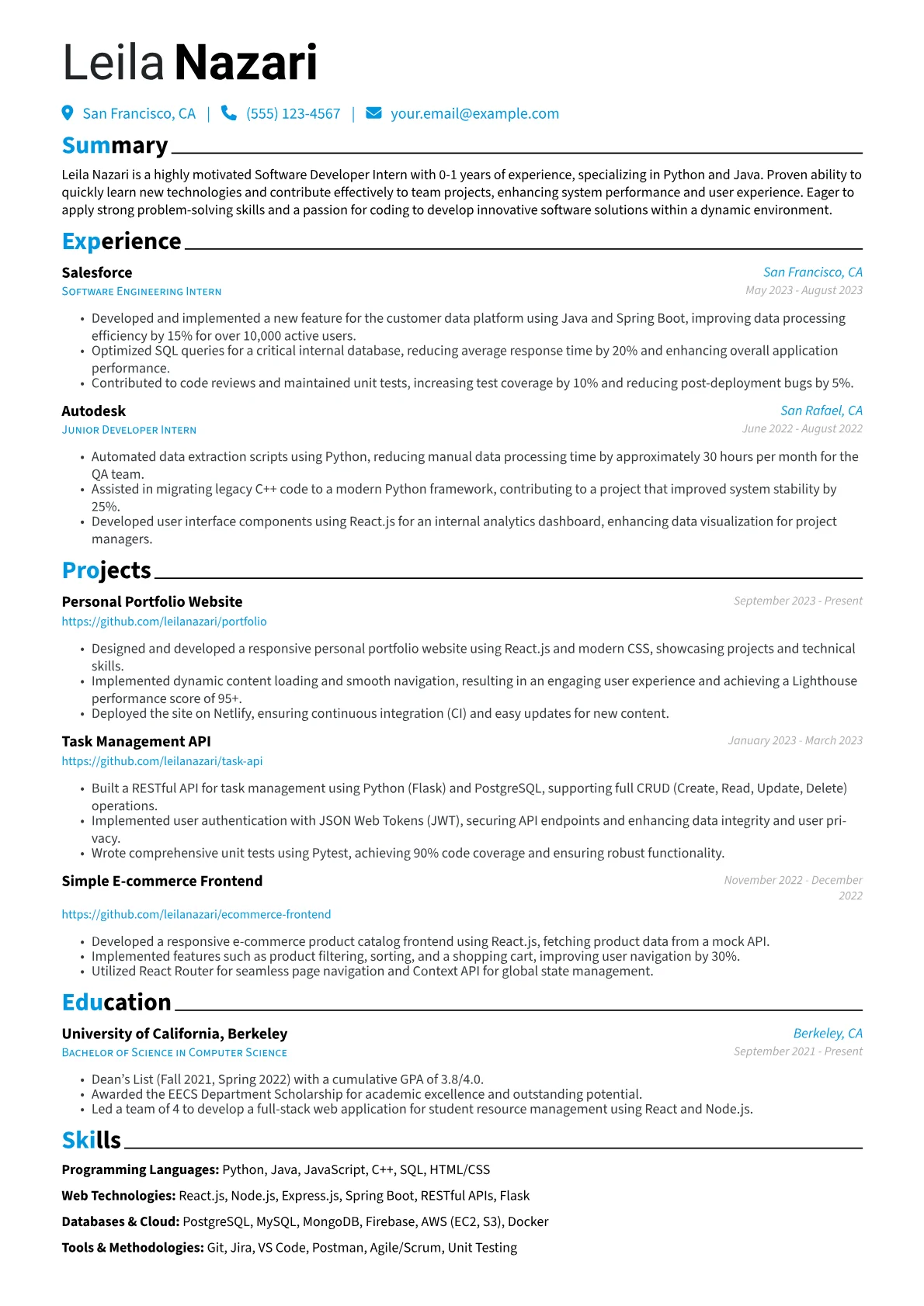 Software Developer Intern Resume Example CV template - Page 1