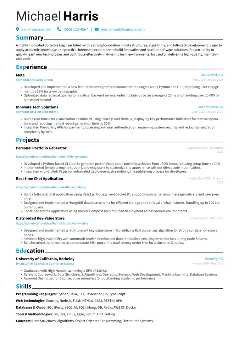 Software Engineer Intern Resume Example