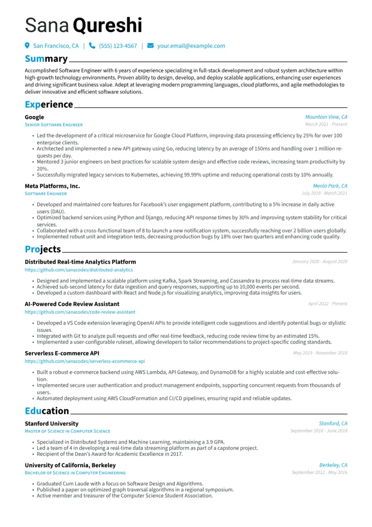 Software Engineer Resume Example CV template preview