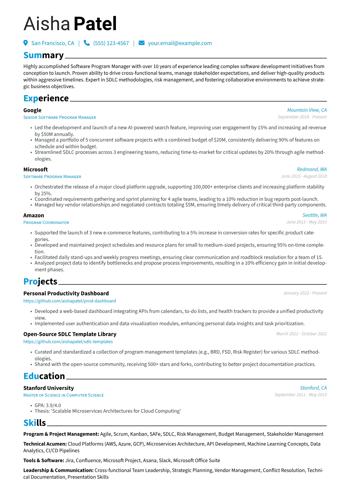Software Program Manager Resume Example CV template - Page 1