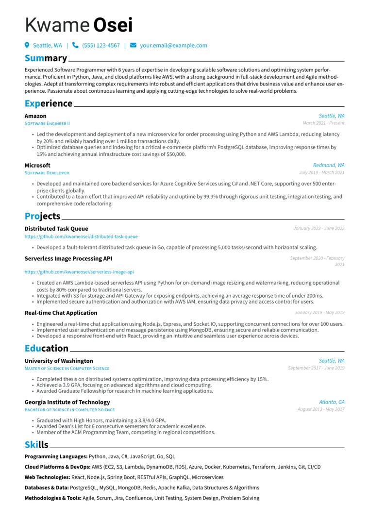 Software Programmer Resume Example CV template preview