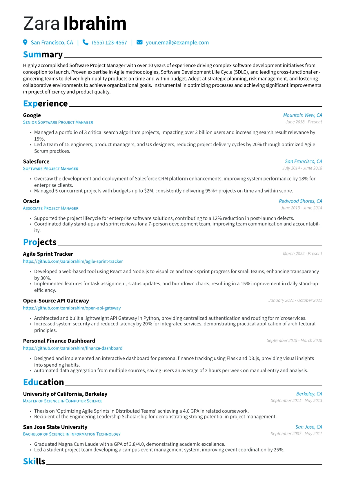 Software Project Manager Resume Example CV template - Page 1