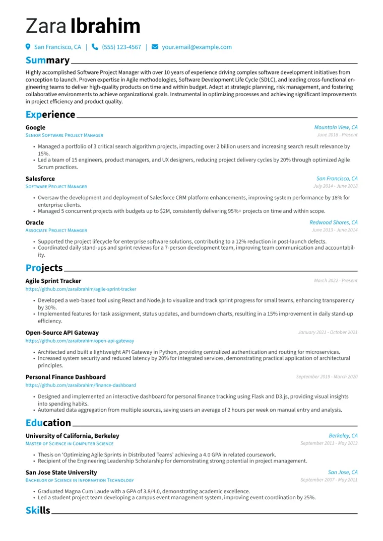 Software Project Manager Resume Example CV template preview