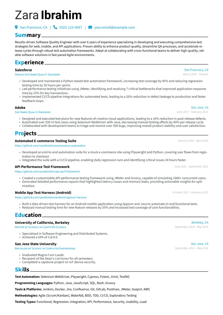 Software Quality Engineer Resume Example CV template preview
