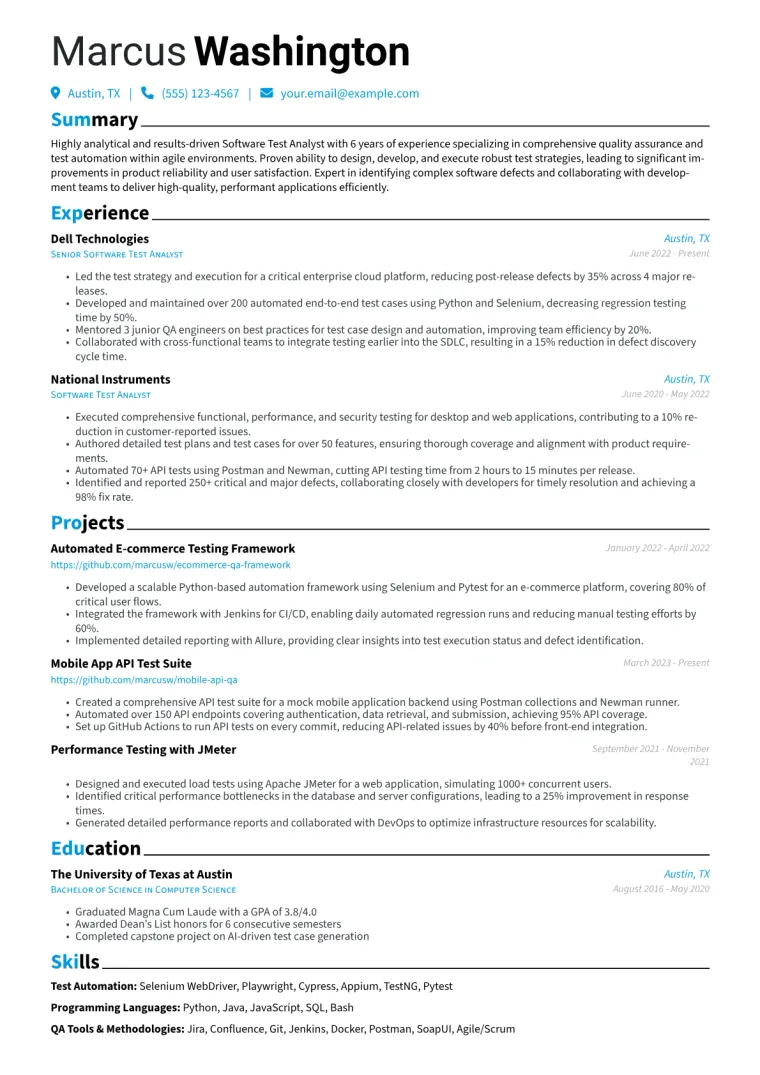 Software Test Analyst Resume Example CV template preview