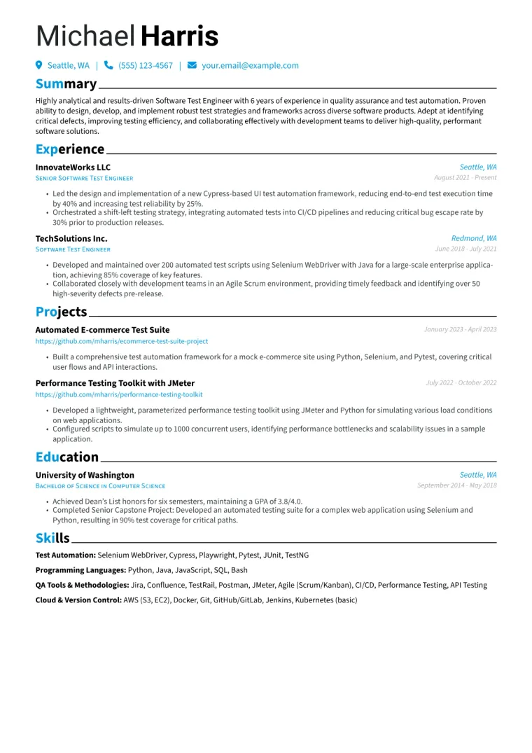 Software Test Engineer Resume Example CV template preview