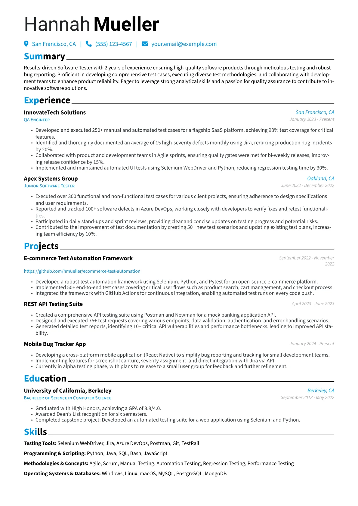 Software Tester Resume Example CV template - Page 1
