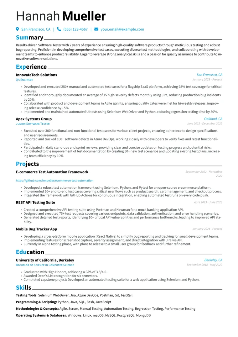 Software Tester Resume Example CV template preview