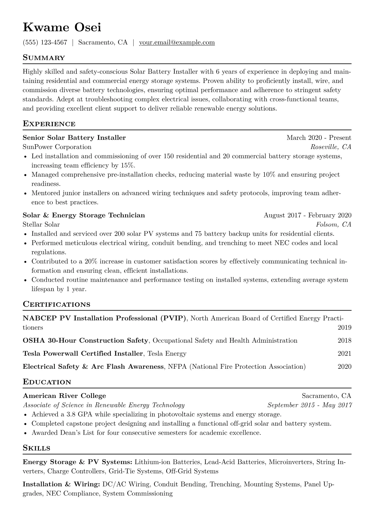 Solar Battery Installer Resume Example CV template - Page 1