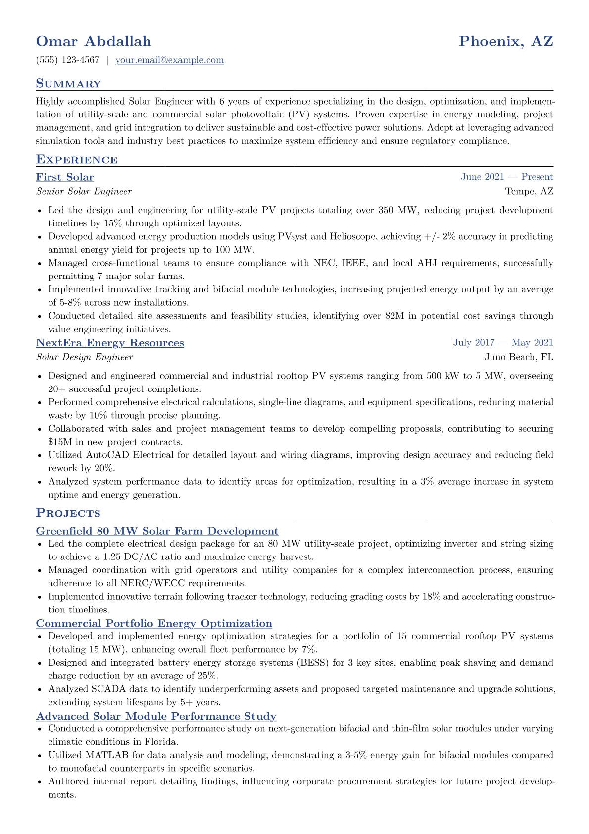 Solar Engineer Resume Example CV template - Page 1