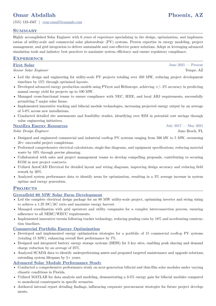 Solar Engineer Resume Example CV template preview