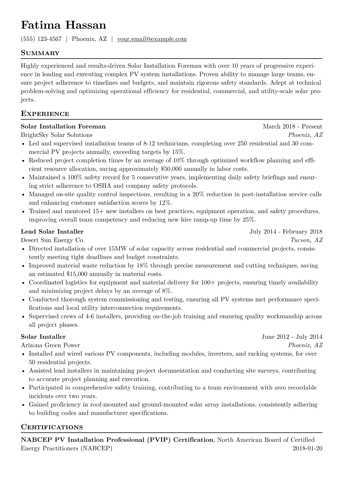 Solar Installation Foreman Resume Example CV template - Page 1