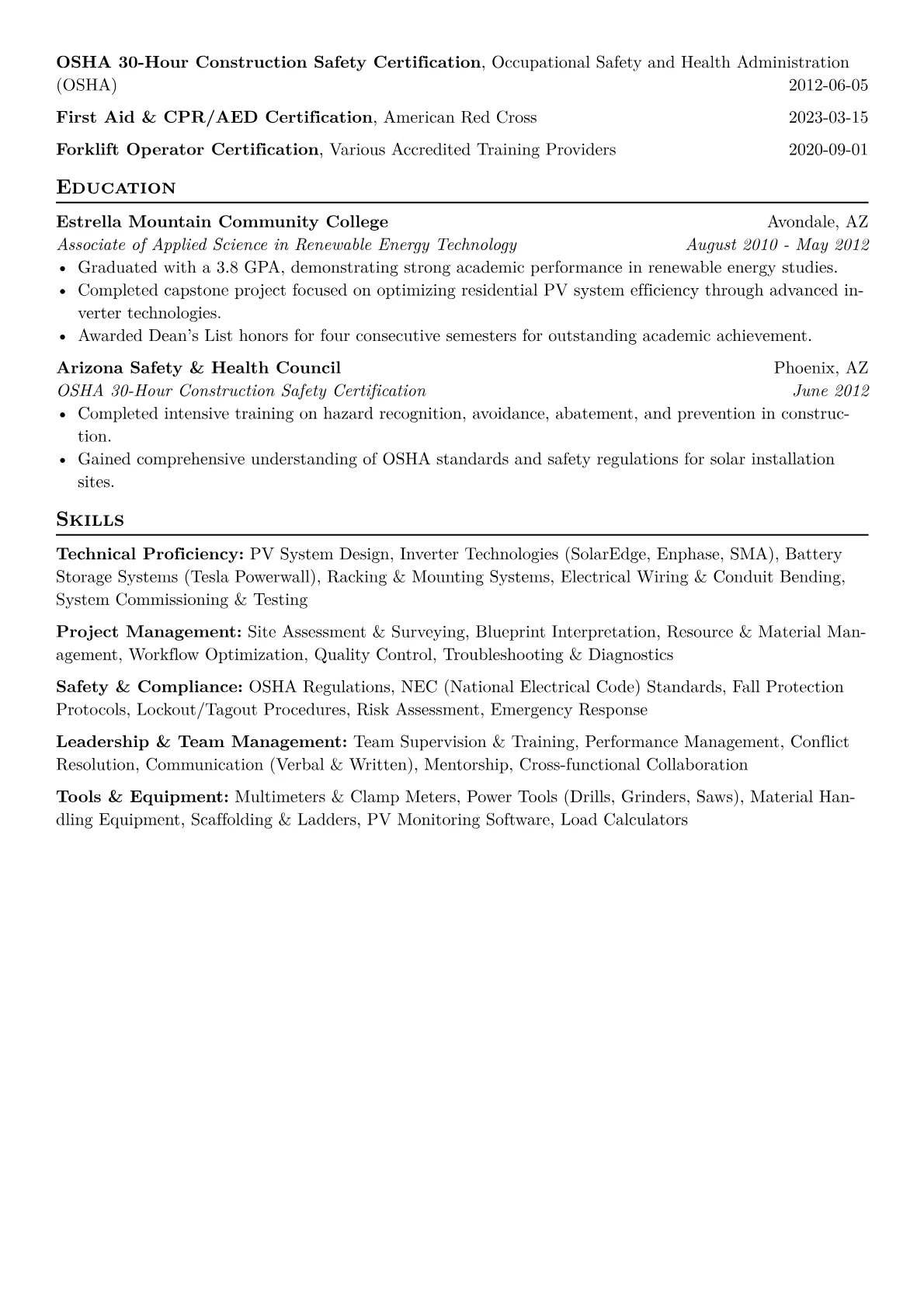 Solar Installation Foreman Resume Example CV template - Page 2