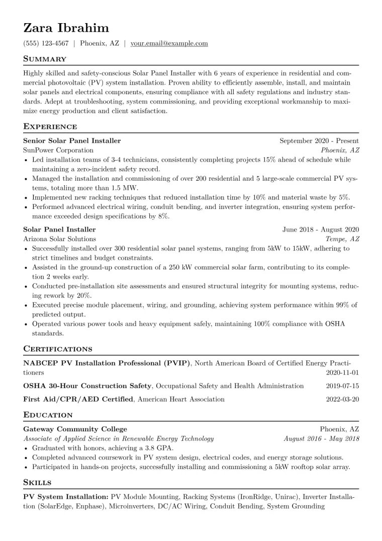 Solar Panel Installer Resume Example CV template preview