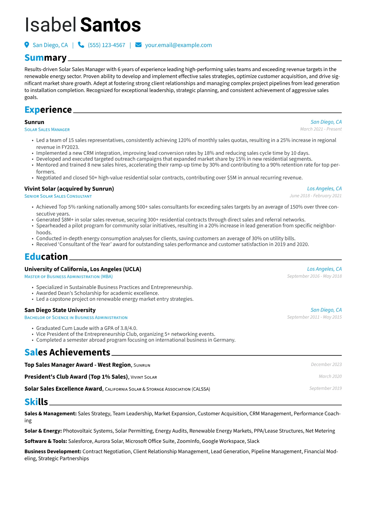 Solar Sales Manager Resume Example CV template - Page 1