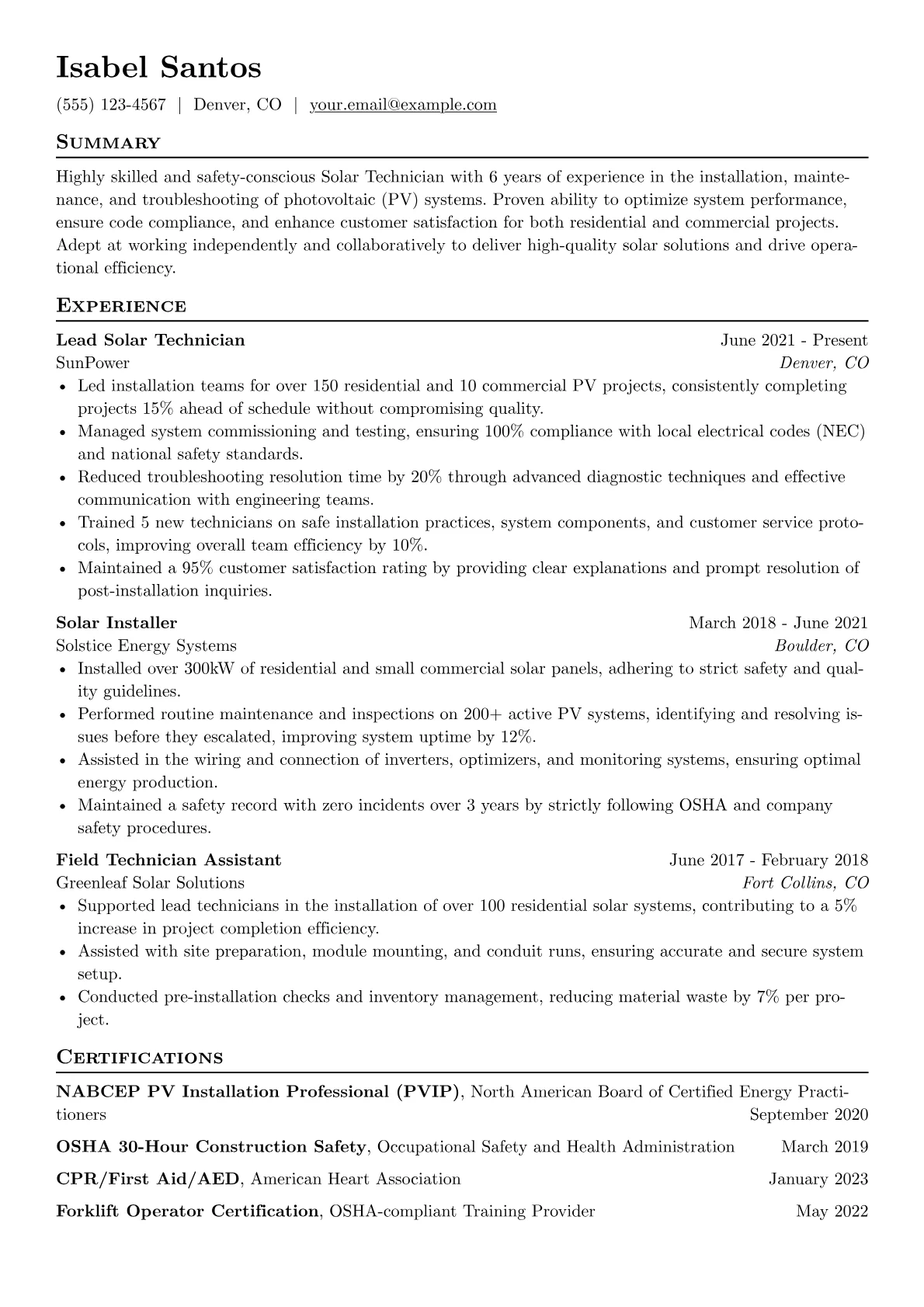 Solar Technician Resume Example CV template - Page 1