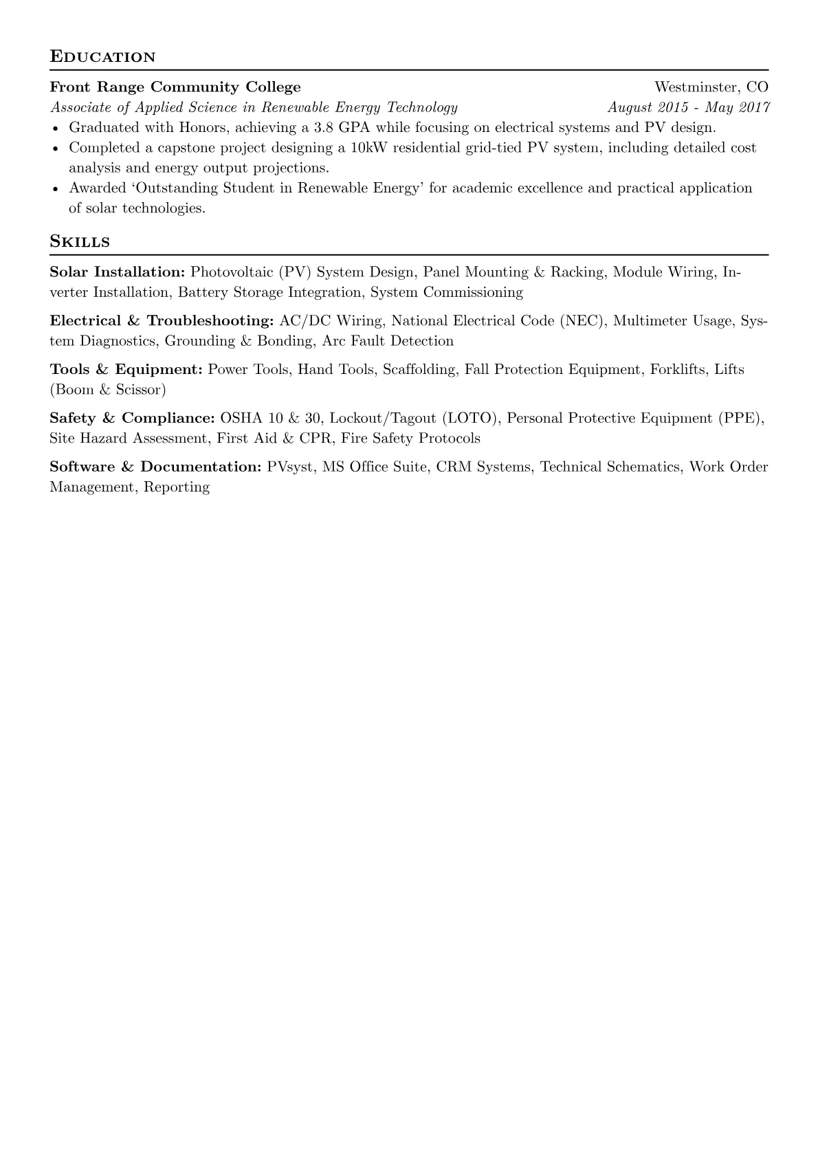 Solar Technician Resume Example CV template - Page 2