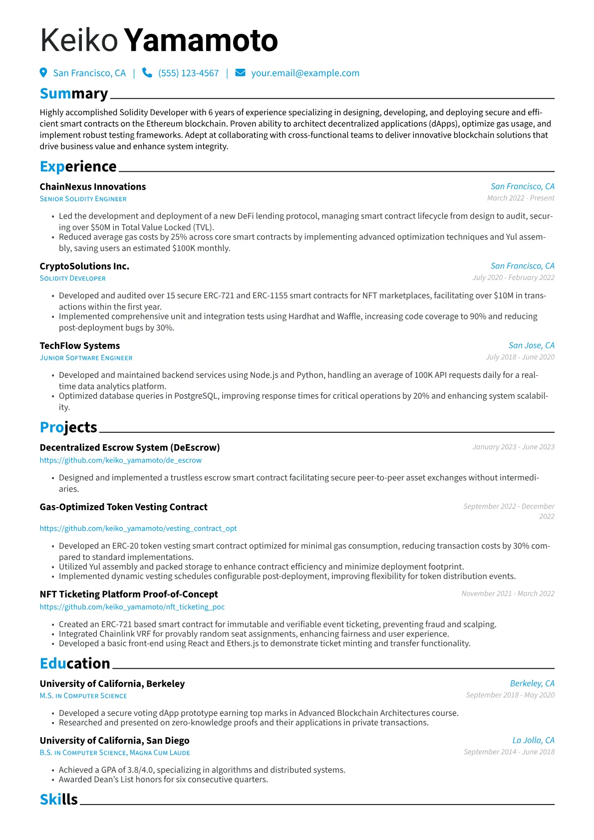 Solidity Developer Resume Example CV template - Page 1