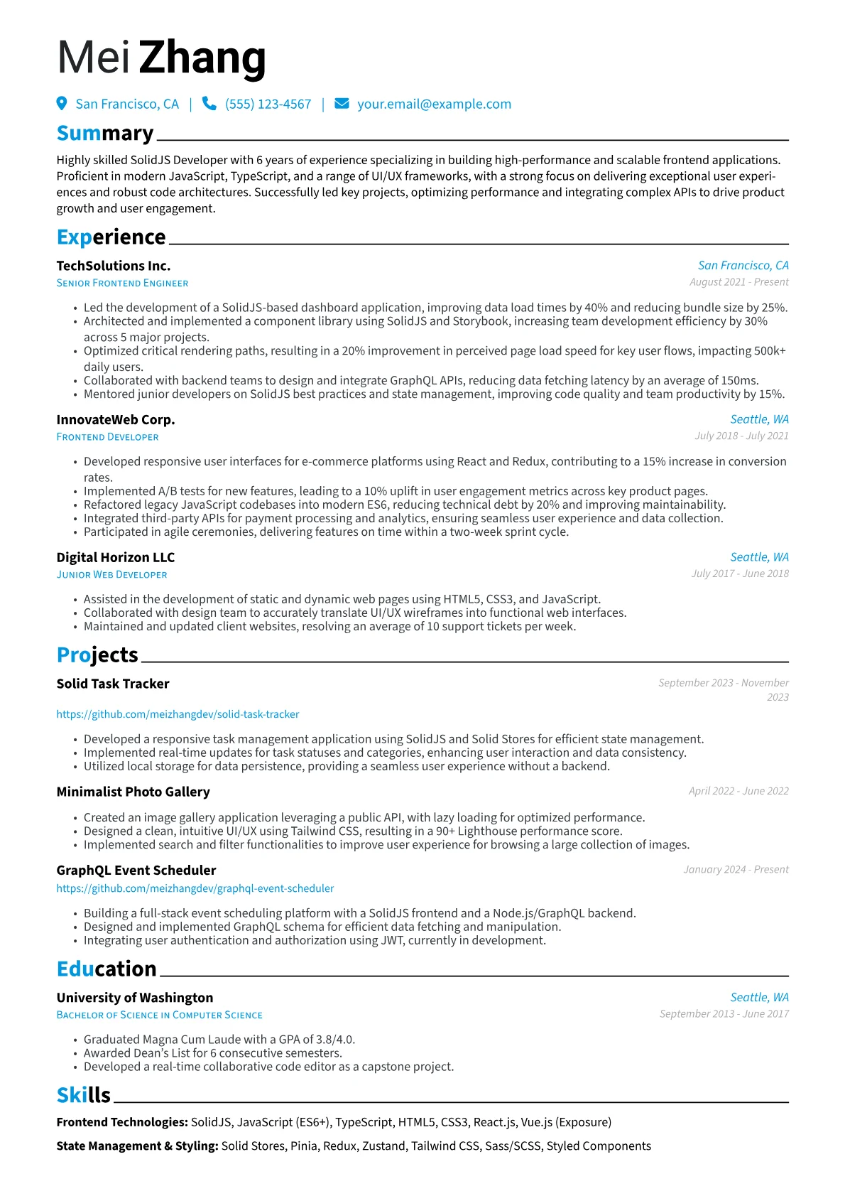SolidJS Developer Resume Example CV template - Page 1
