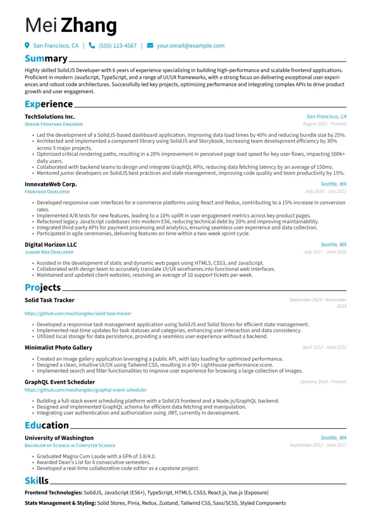 SolidJS Developer Resume Example CV template preview