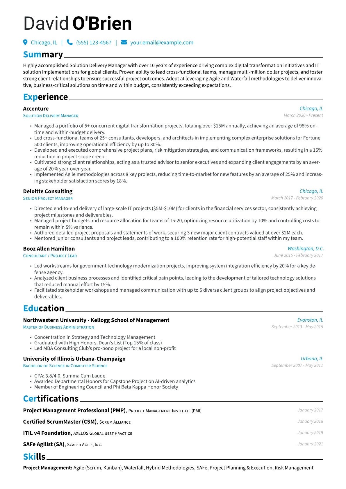 Solution Delivery Manager Resume Example CV template - Page 1