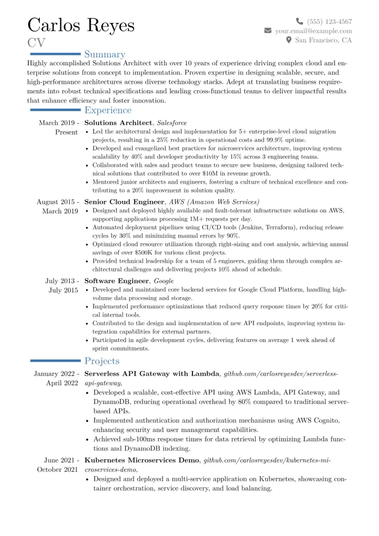 Solutions Architect Resume Example CV template preview