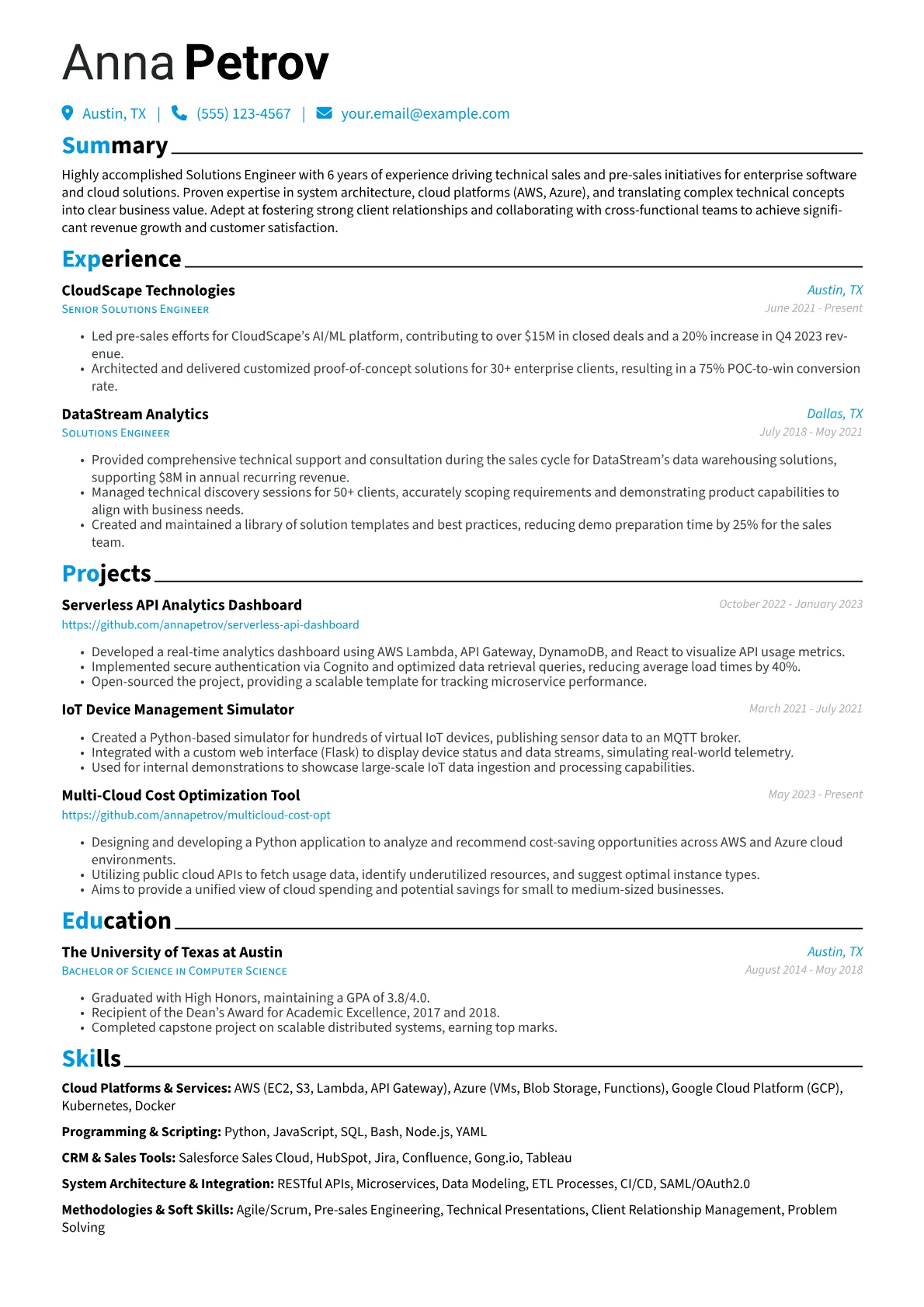 Solutions Engineer Resume Example CV template - Page 1