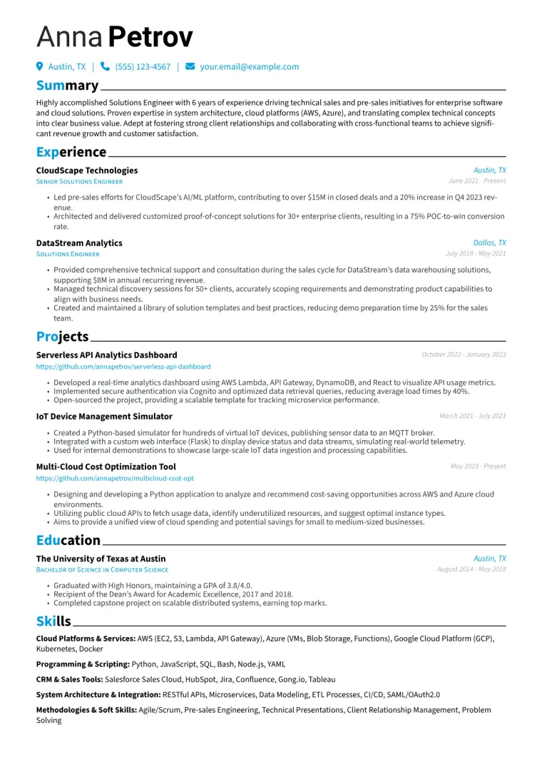Solutions Engineer Resume Example CV template preview