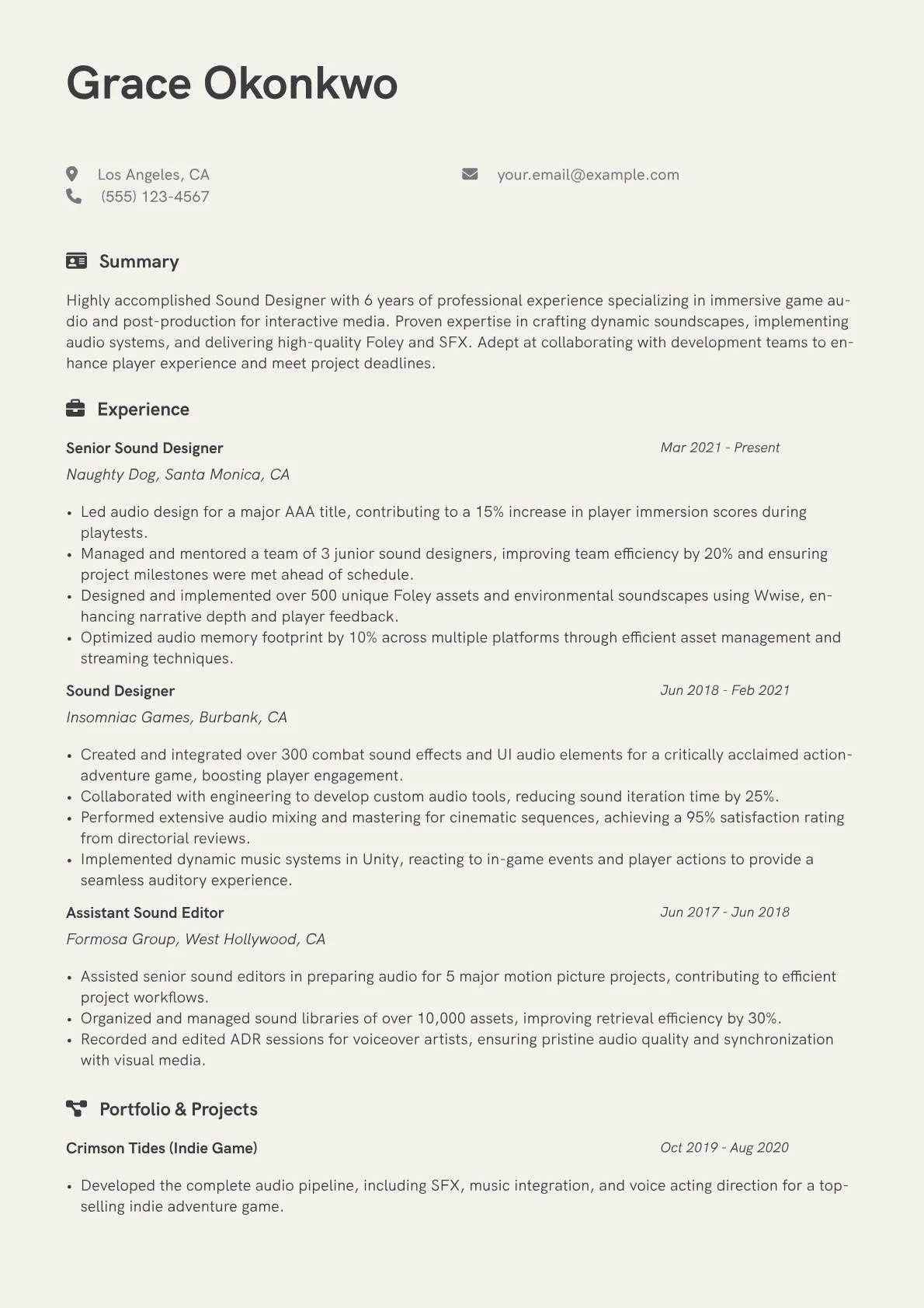 Sound Designer Resume Example CV template - Page 1