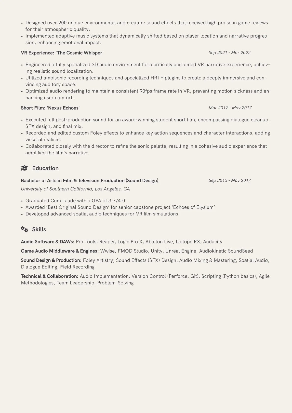 Sound Designer Resume Example CV template - Page 2