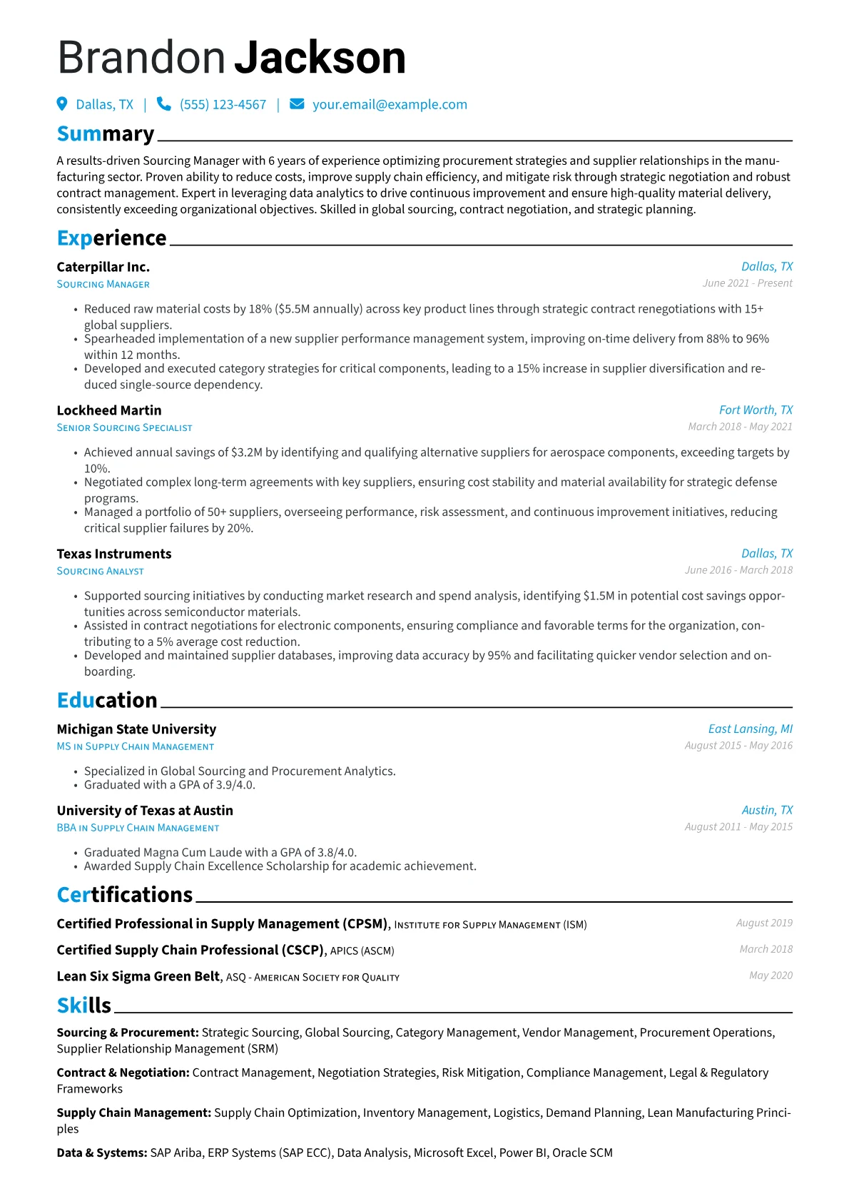 Sourcing Manager Resume Example CV template - Page 1