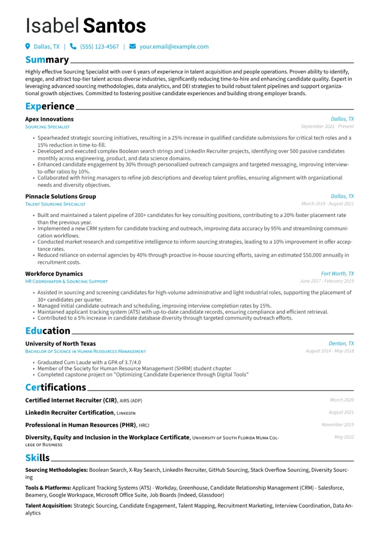 Sourcing Specialist Resume Example CV template preview
