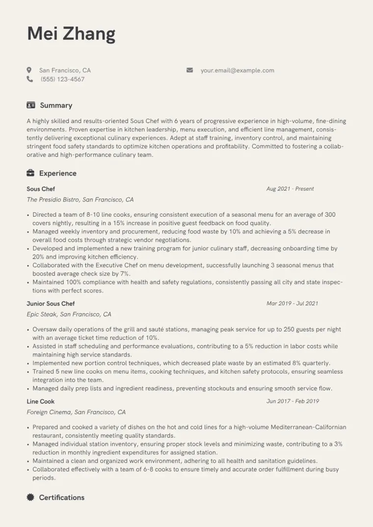 Sous Chef Resume Example CV template preview