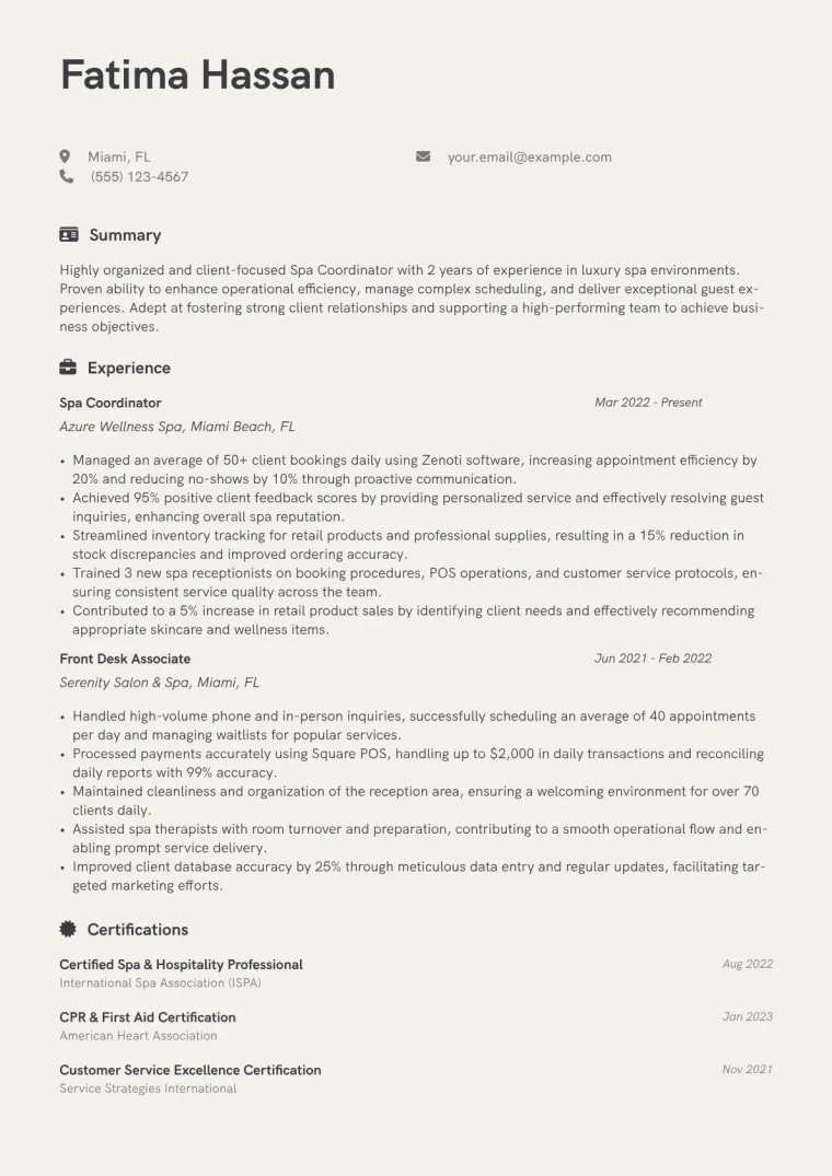Spa Coordinator Resume Example CV template preview