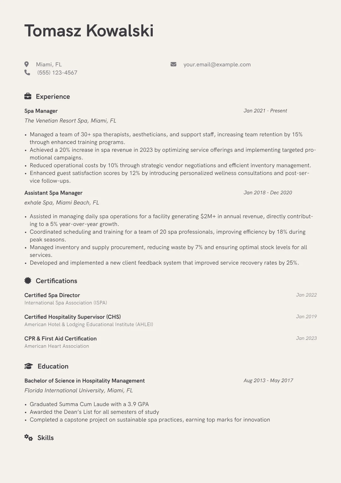 Spa Manager Resume Example CV template - Page 1