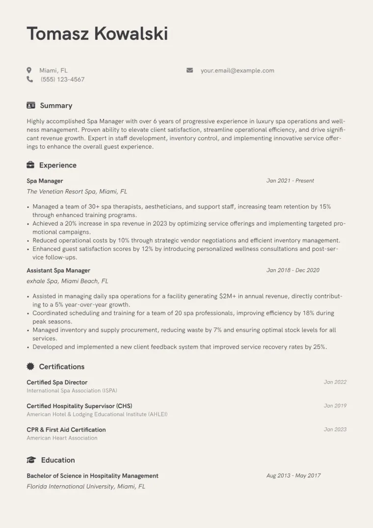 Spa Manager Resume Example CV template preview