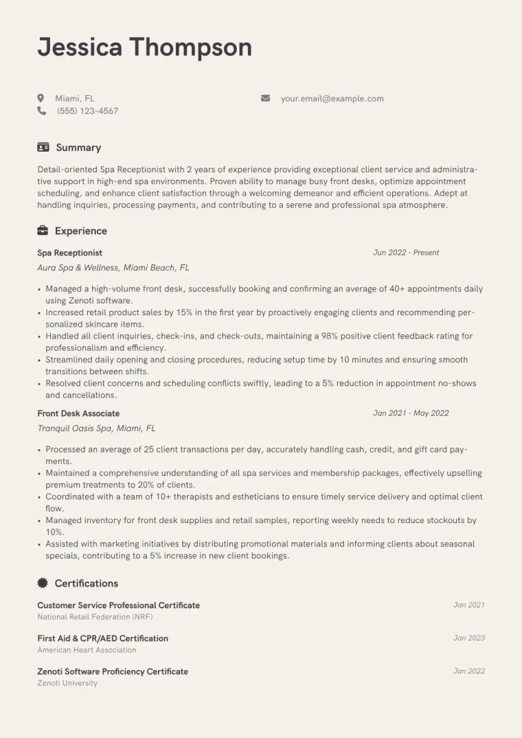Spa Receptionist Resume Example CV template preview